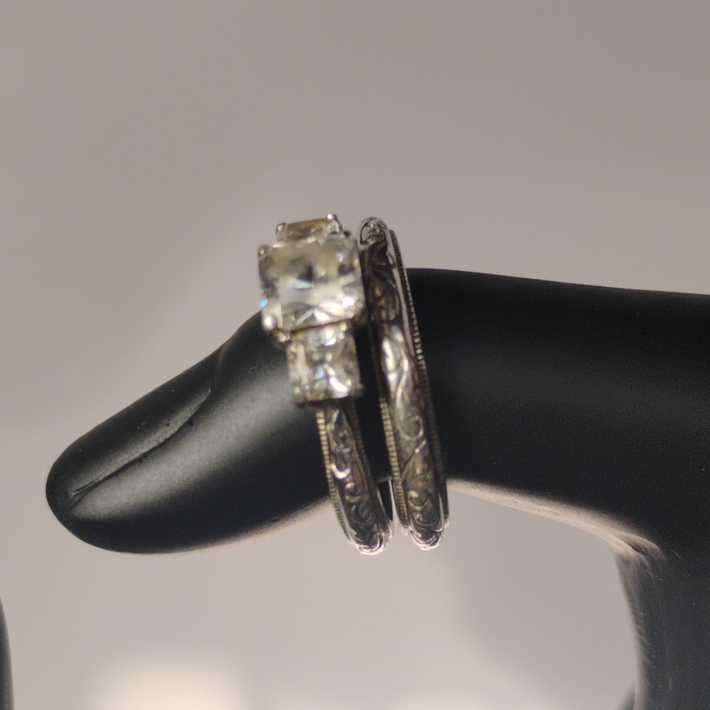 Tacori Set Of  Sterling 925 Silver Trio Princess CZ Ring And Matching Band Sz 7 - Picture 10 of 16
